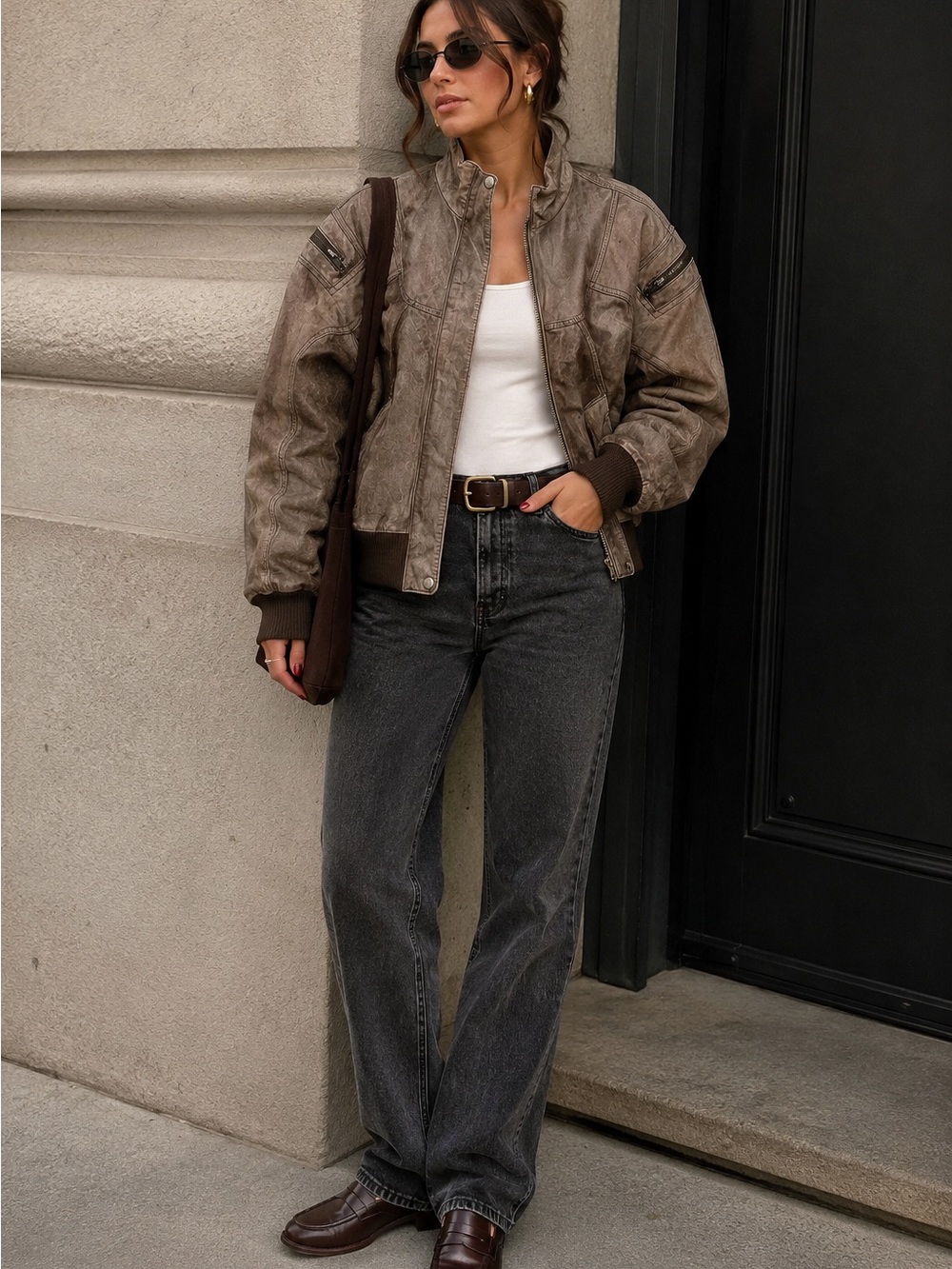 Vintage Distressed Leather Bomber Jacket S